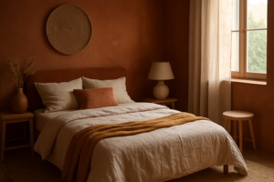 Inspiration déco : une chambre terracotta et lin pour une ambiance douce et naturelle